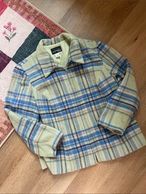 Vintage Requirements Women’s Light Green and Blue Plaid Wool Pea Zip Up Jacket